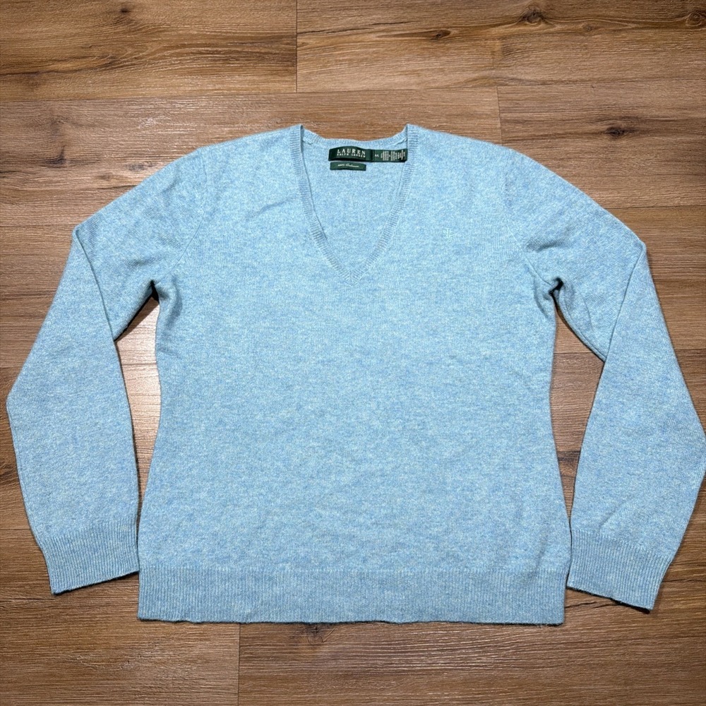 Lauren Ralph Lauren Women's PETITE LARGE V-Neck 100% Cashmere Sweater Blue